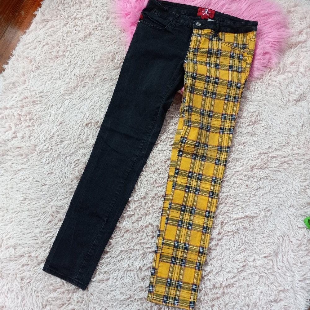 Tripp split personality half yellow plaid half black skinny jeans! Royal Bones - Picture 6 of 8